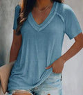 Short Sleeve V Neck Raw Hem