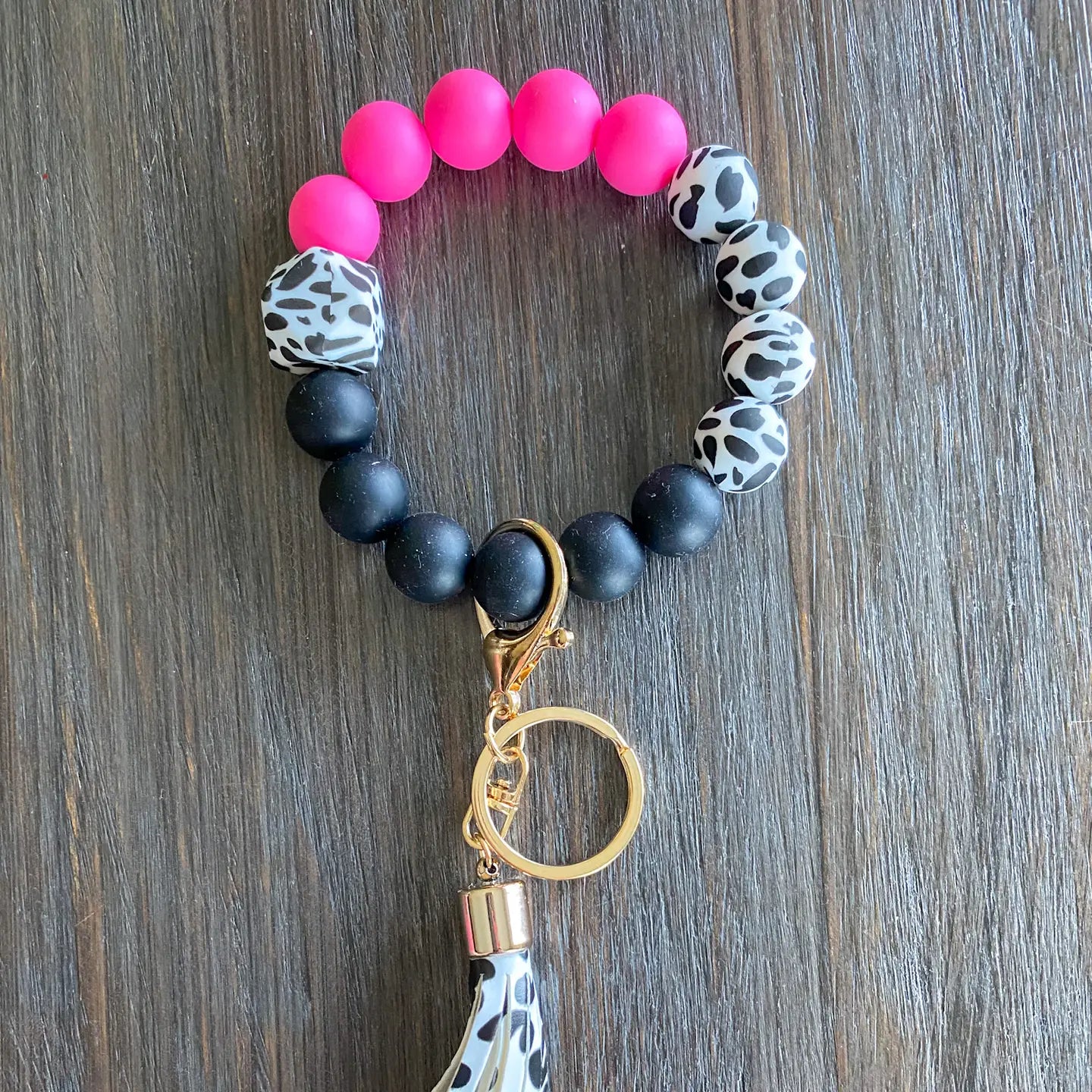 Pink/Cowprint Silicone Key Chain Wristlet