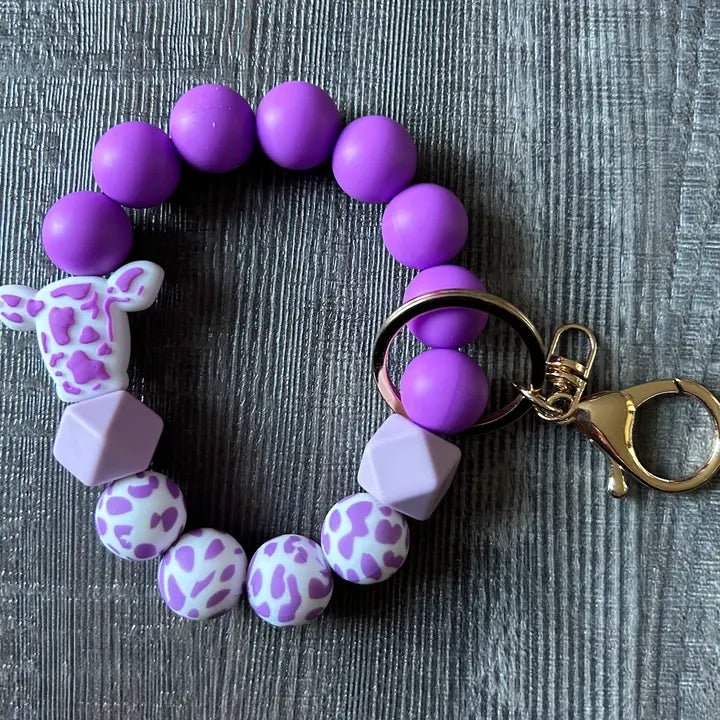 Purple Cow Print Silicone Key Chain Wristlet